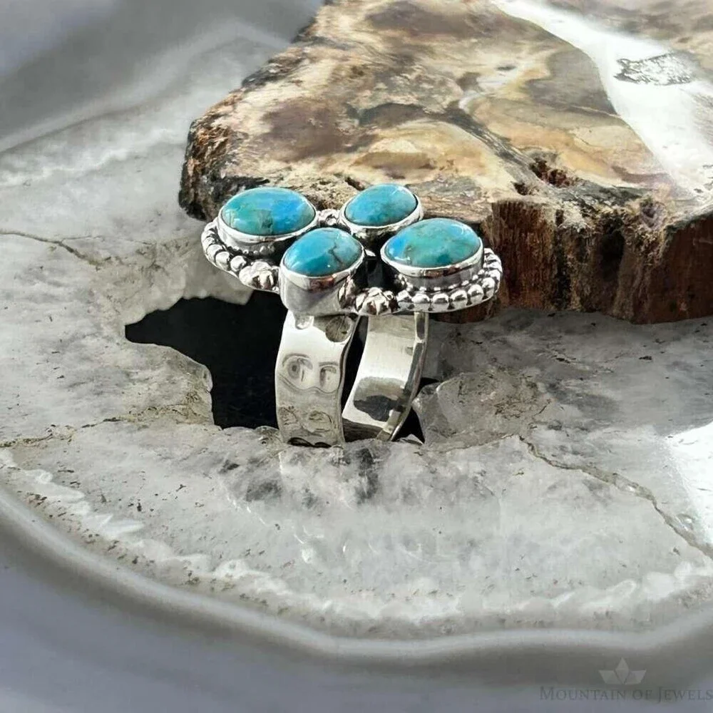 Sterling Southwestern Style Mohave Turquoise Cluster Ring Size 6.75 For Women